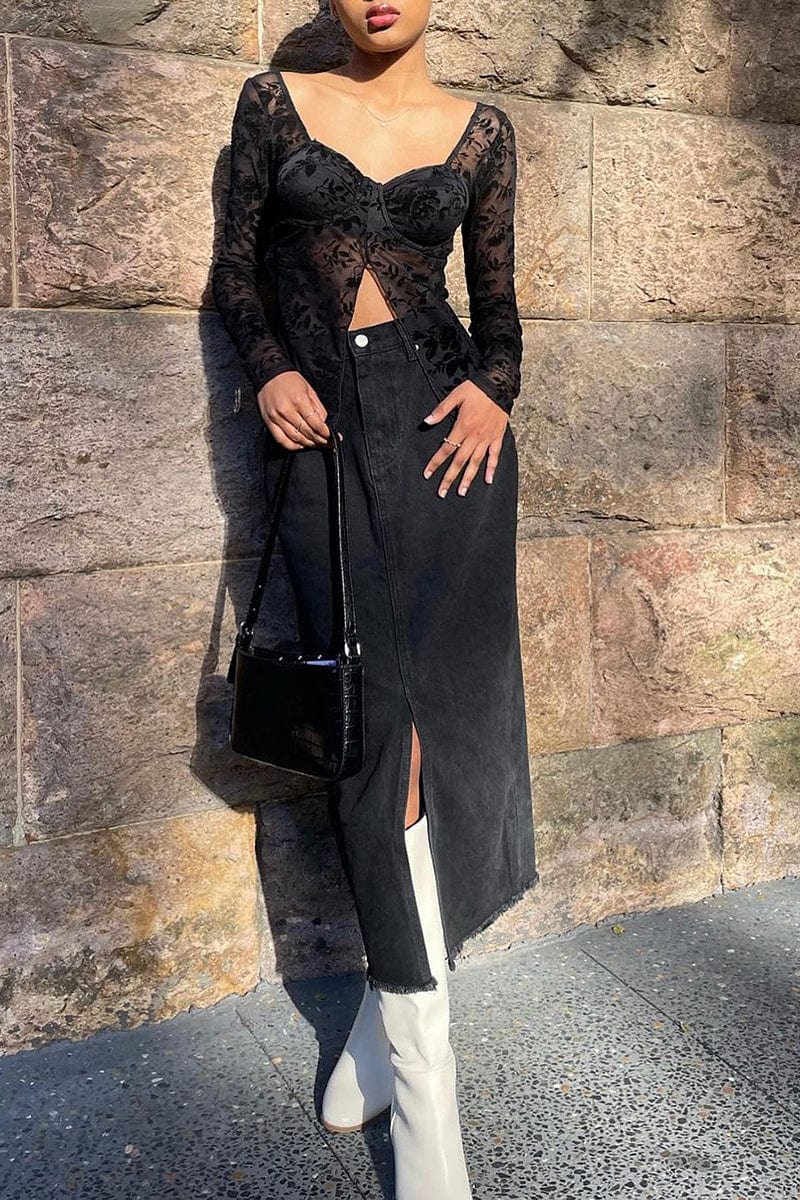 Black Laced Top Long Sleeves for Ally Fashion