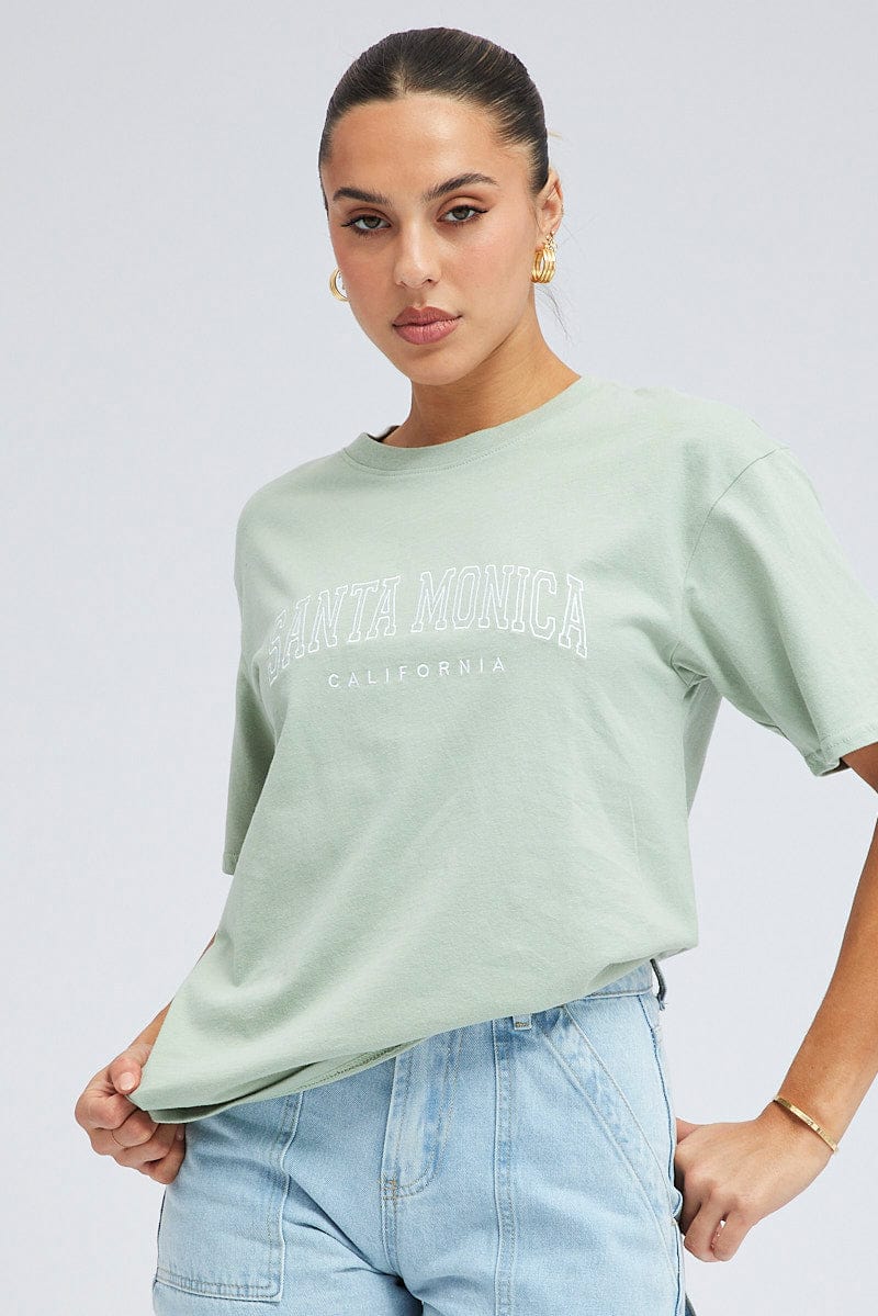 Green T Shirt Short Sleeve Crew Neck Santa Monica for Ally Fashion