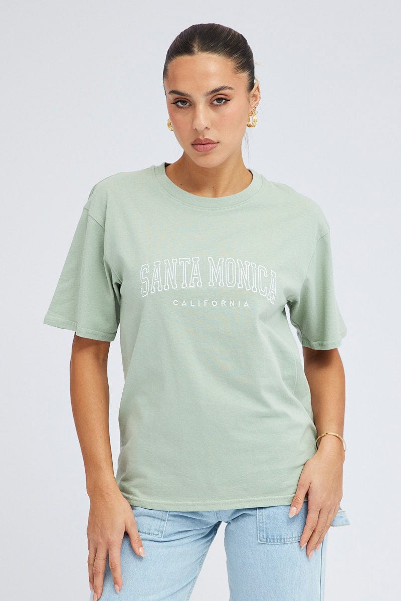 Green T Shirt Short Sleeve Crew Neck Santa Monica for Ally Fashion