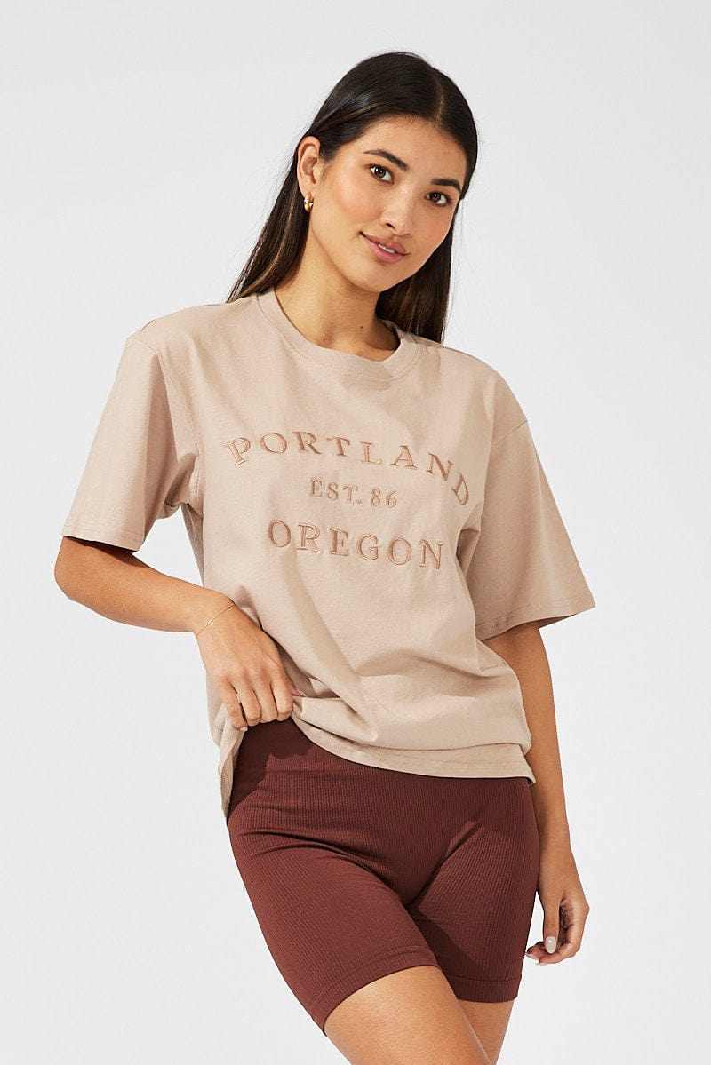 Beige Graphic Tee Short Sleeve for Ally Fashion