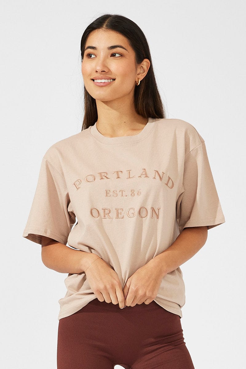 Beige Graphic Tee Short Sleeve for Ally Fashion