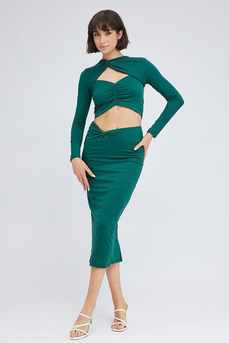 Green Top Long Sleeves Twisted Neck for Ally Fashion