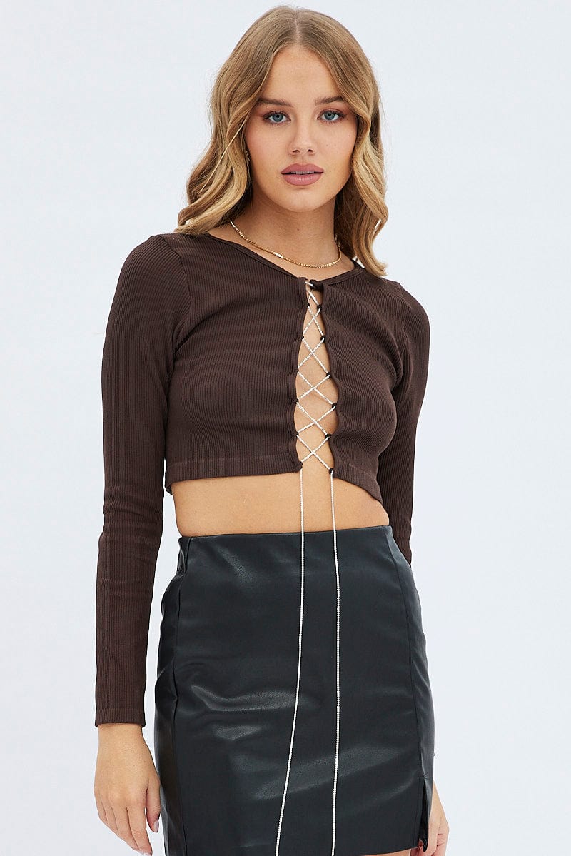 Brown Top Crop Round Neck Strings Seamless for Ally Fashion