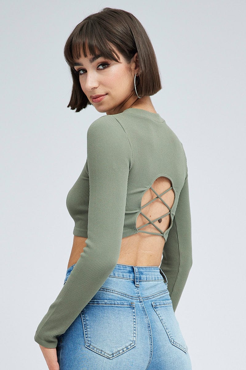 Green Top Long Sleeve Round Neck String Back Seamless for Ally Fashion