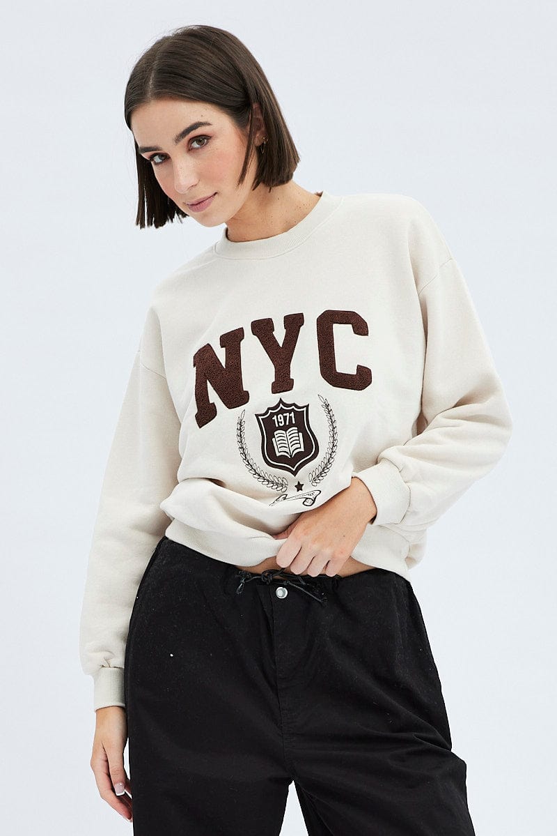 Beige Graphic Sweater Long Sleeves for Ally Fashion