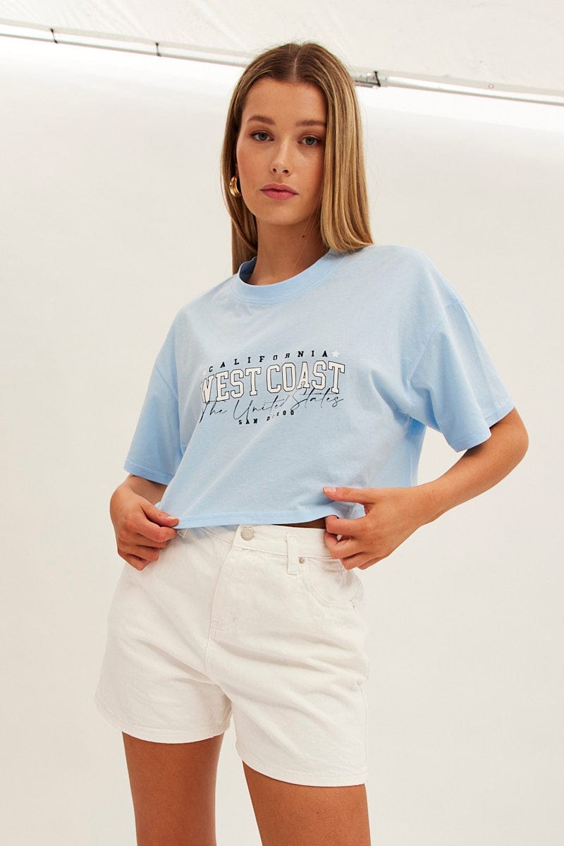 Blue Graphic T-Shirt Crop West Coast Crew Short Sleeve for Ally Fashion