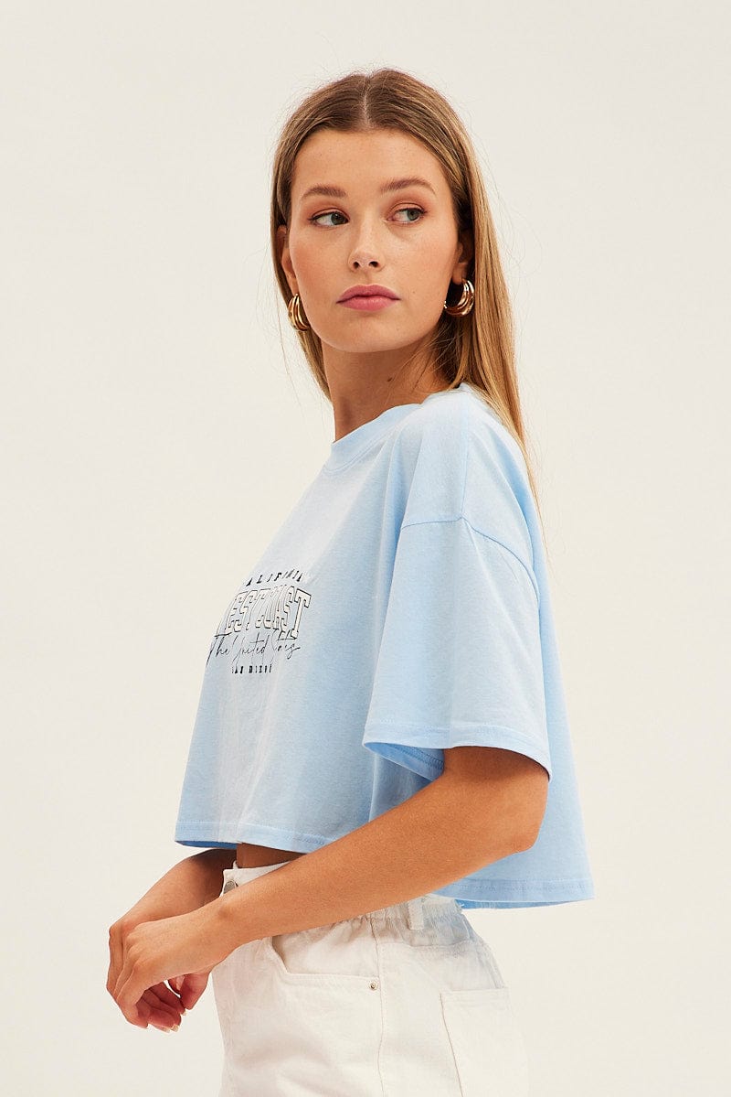 Blue Graphic T-Shirt Crop West Coast Crew Short Sleeve for Ally Fashion