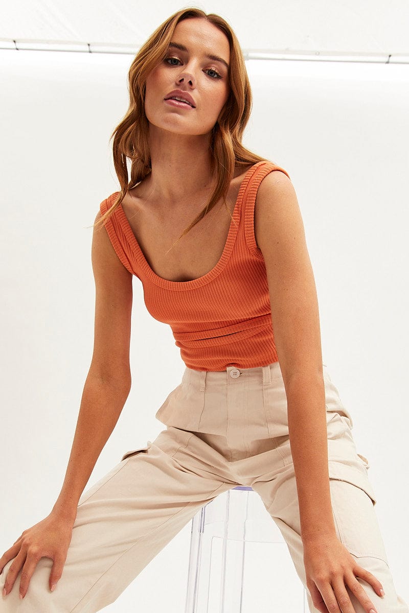 Orange Crop Tank Scoop Neck Sleeveless Cutout for Ally Fashion