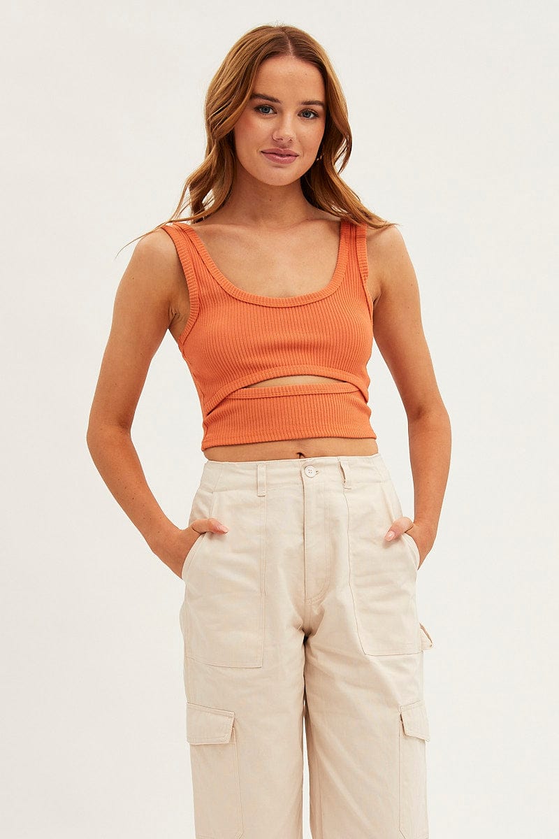 Orange Crop Tank Scoop Neck Sleeveless Cutout for Ally Fashion