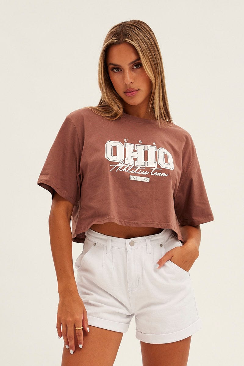 Brown Graphic T-Shirt Ohio Crew Short Sleeve for Ally Fashion