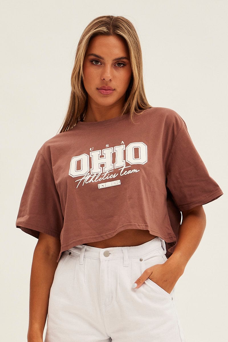 Brown Graphic T-Shirt Ohio Crew Short Sleeve for Ally Fashion