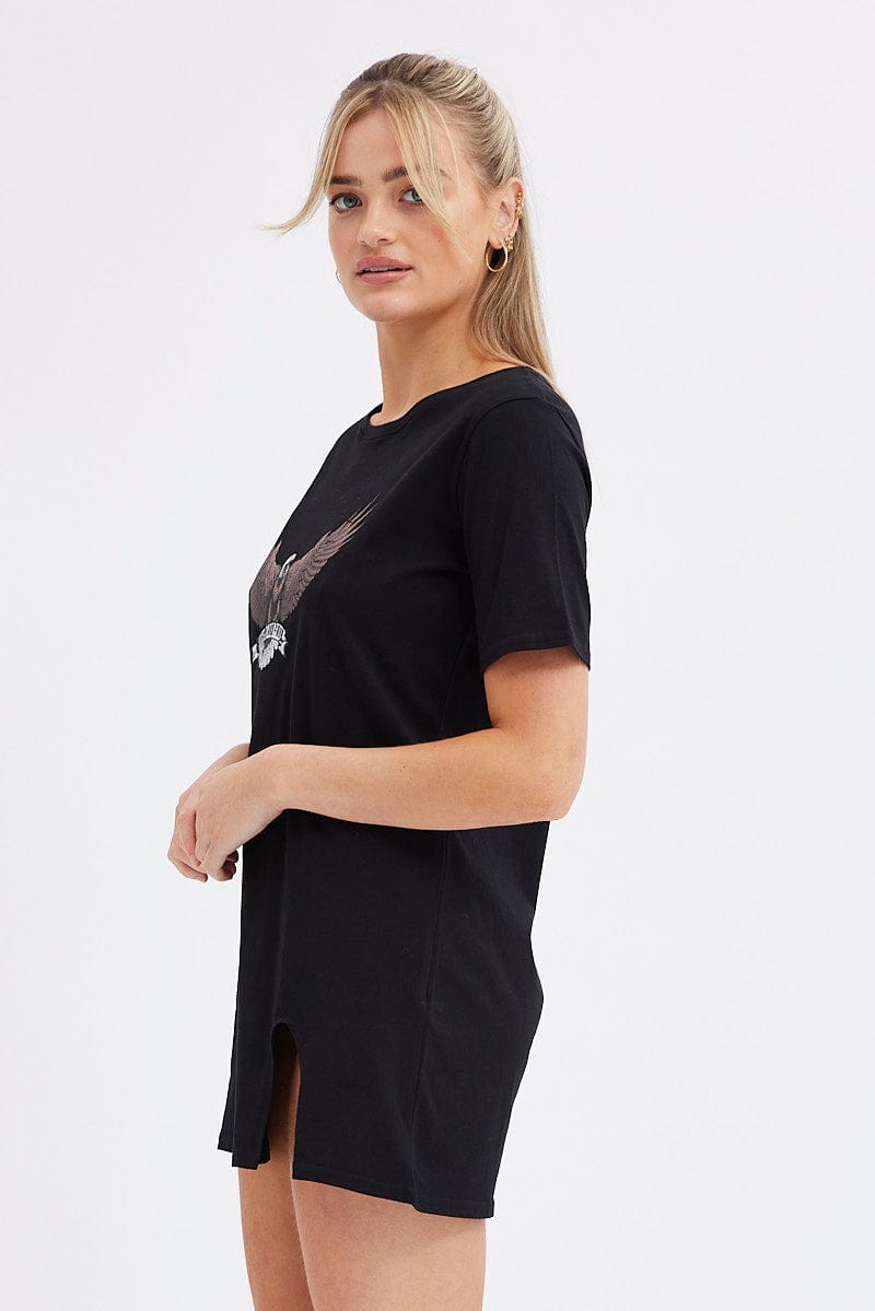 Black Tee Dress Short Sleeve Graphic Print for Ally Fashion