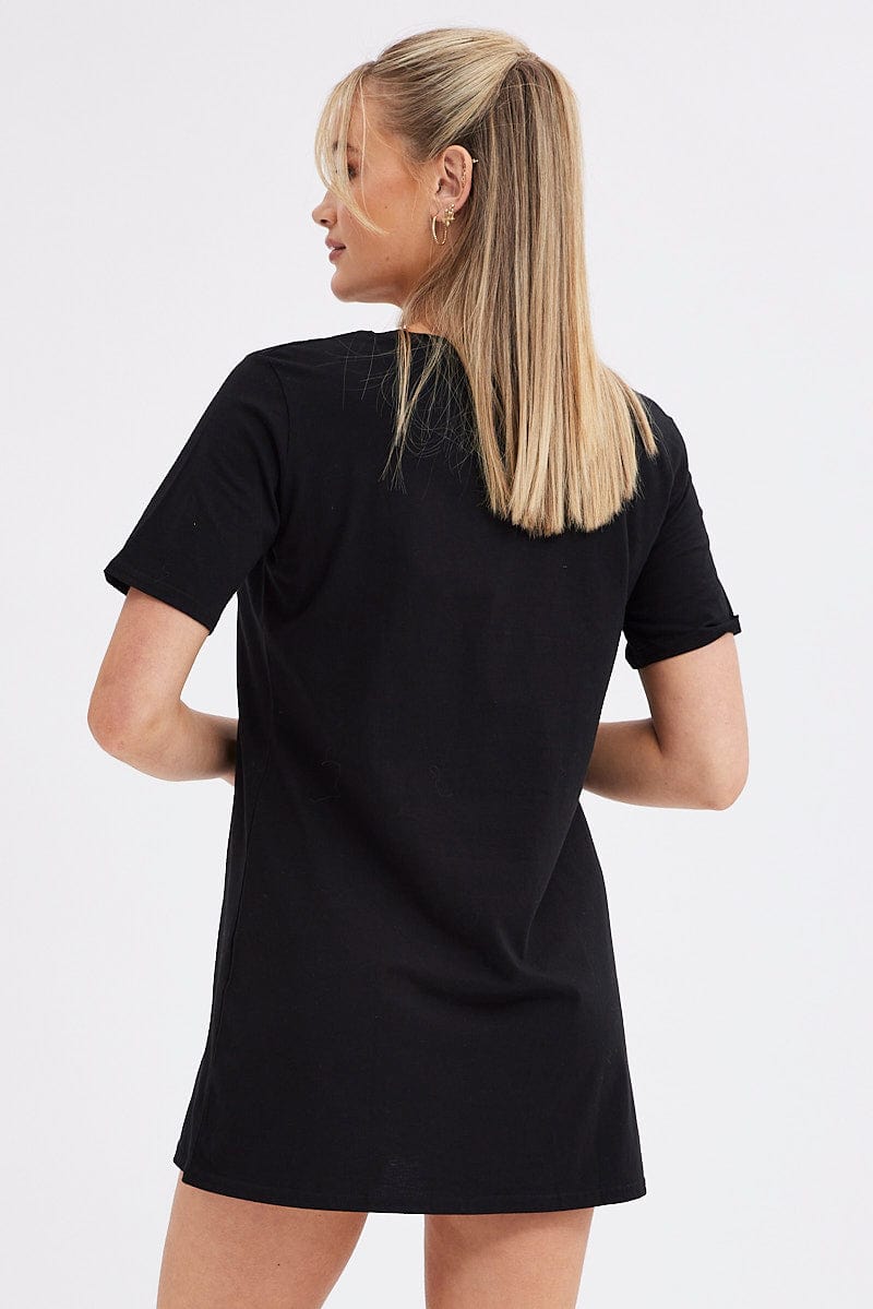 Black Tee Dress Short Sleeve Graphic Print for Ally Fashion