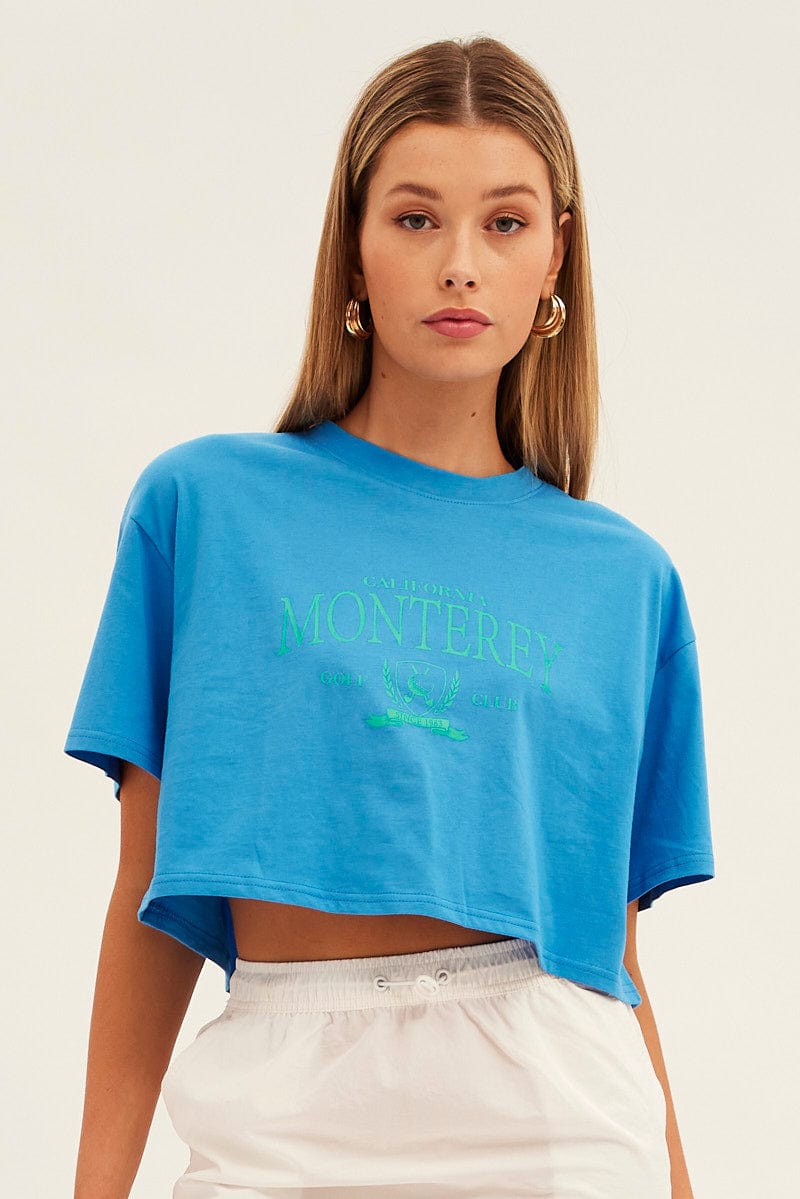 Blue Monterey Crew Short Sleeve Crop Graphic T-Shirt for Ally Fashion