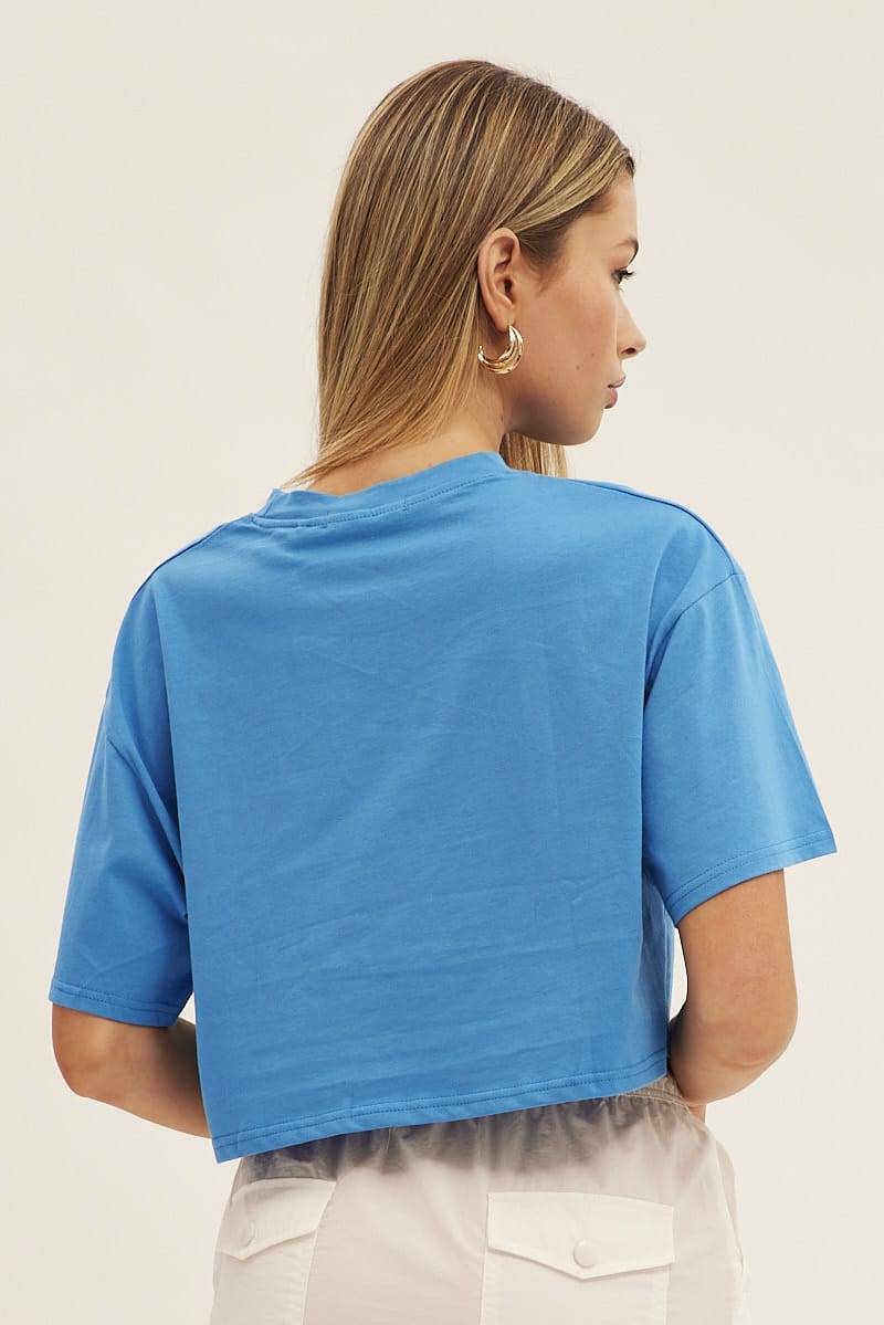 Blue Monterey Crew Short Sleeve Crop Graphic T-Shirt for Ally Fashion