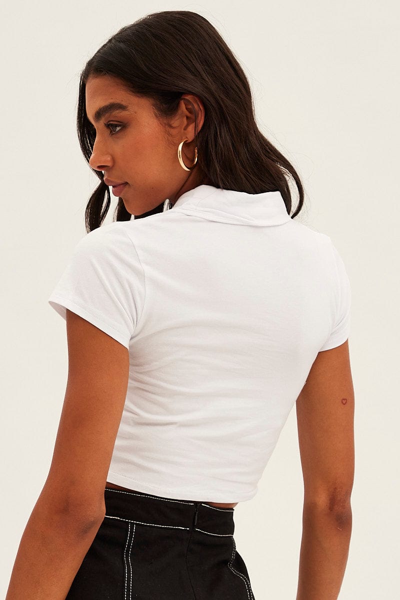 White Crop Polo Short Sleeve for Ally Fashion