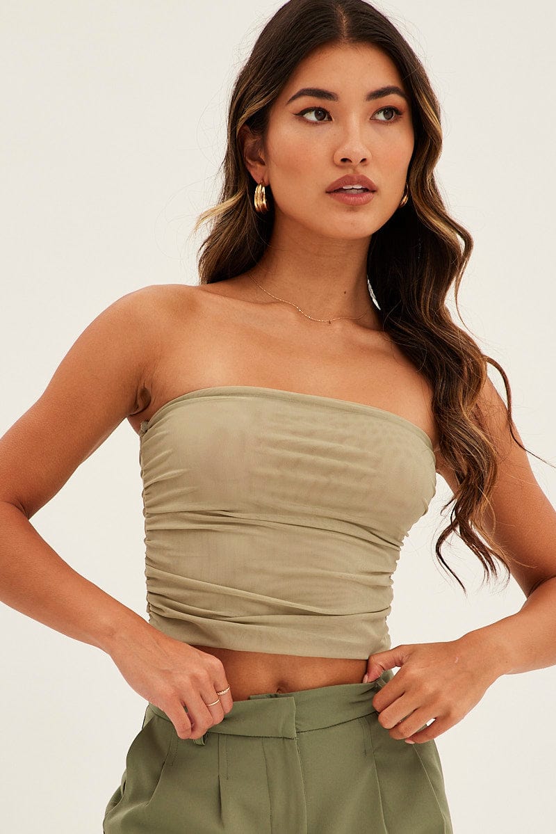 Green Mesh Bandeau Strapless Ruched Crop for Ally Fashion