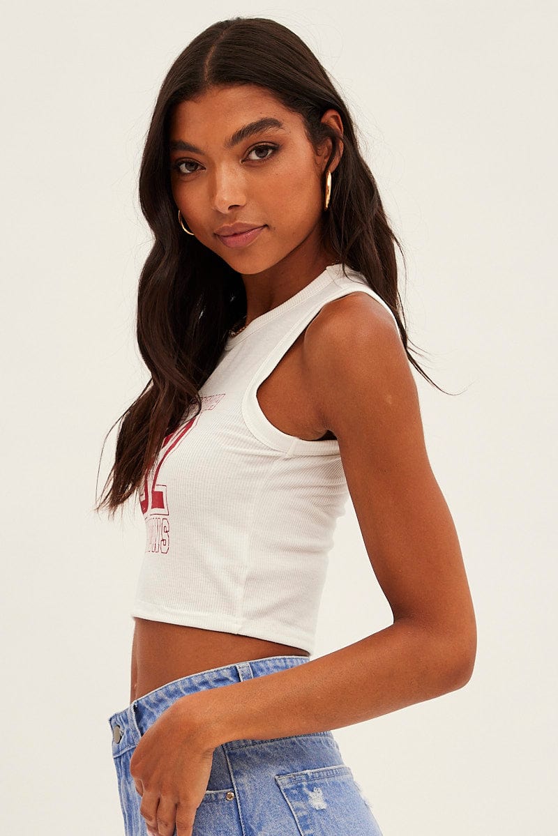 White Graphic Tank Los Angeles Sleeveless Crop for Ally Fashion