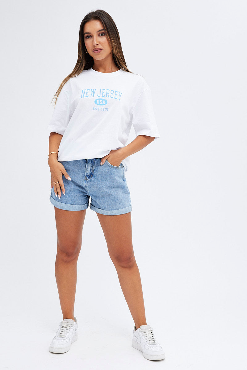 White T Shirt Short Sleeve Crew Oversized New Jersey for Ally Fashion
