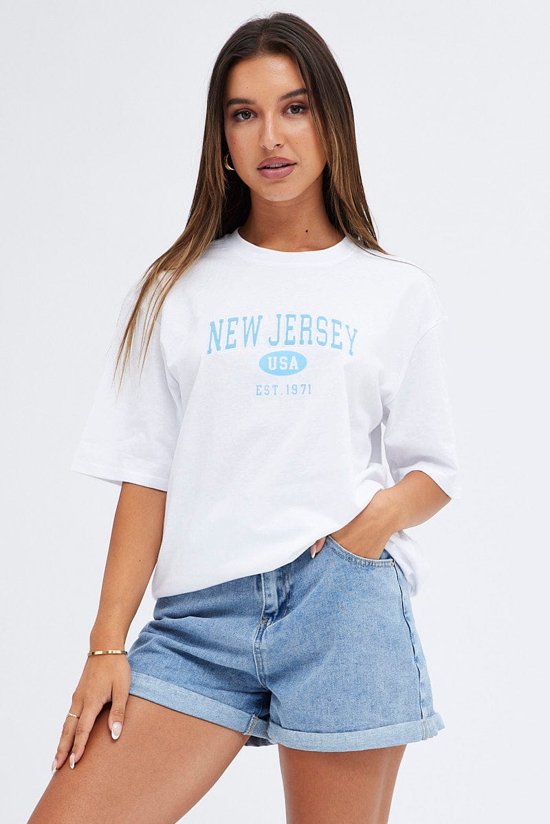 White T Shirt Short Sleeve Crew Oversized New Jersey for Ally Fashion
