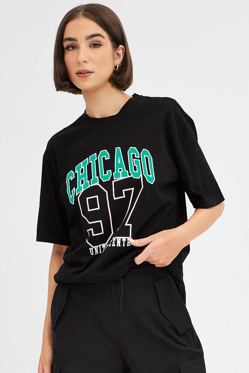 Black Chicago Tee Short Sleeve  Round Neck Embroidered for Ally Fashion