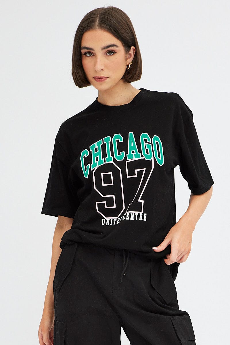 Black Chicago Tee Short Sleeve  Round Neck Embroidered for Ally Fashion