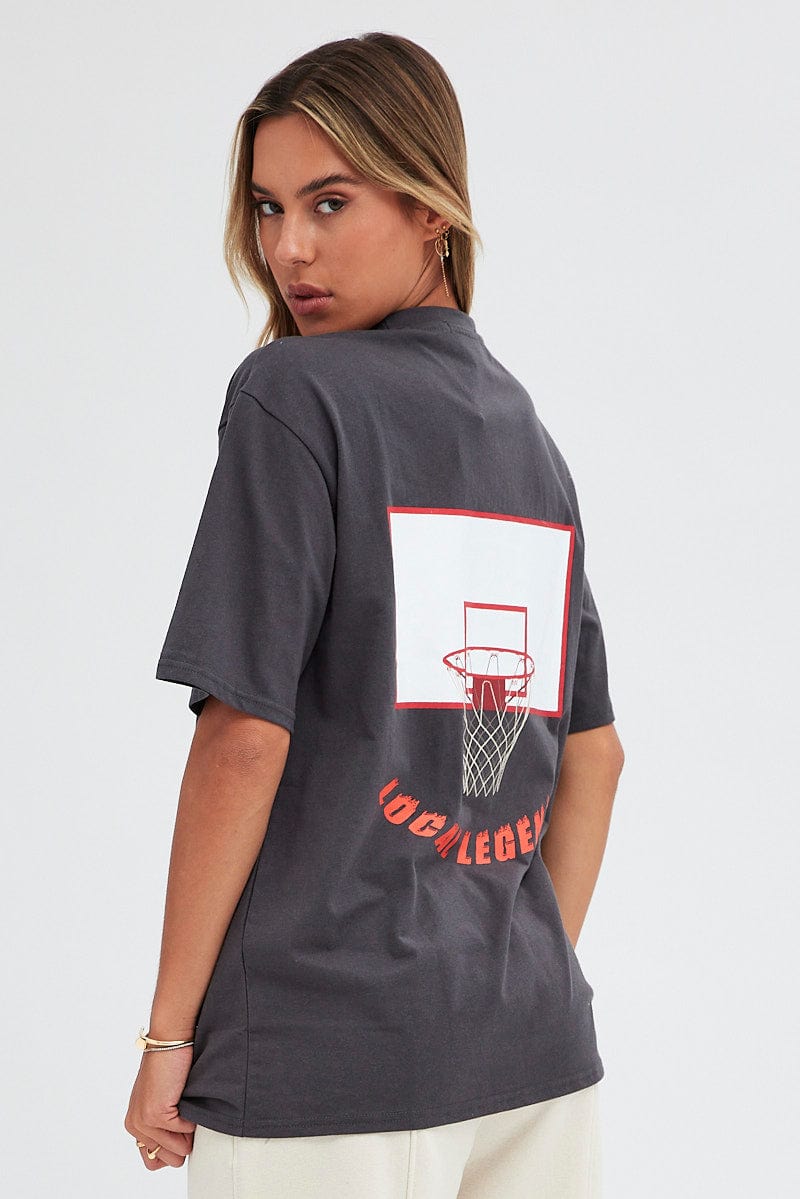 Grey T Shirt Short Sleeve Crew Neck Basketball Graphic for Ally Fashion