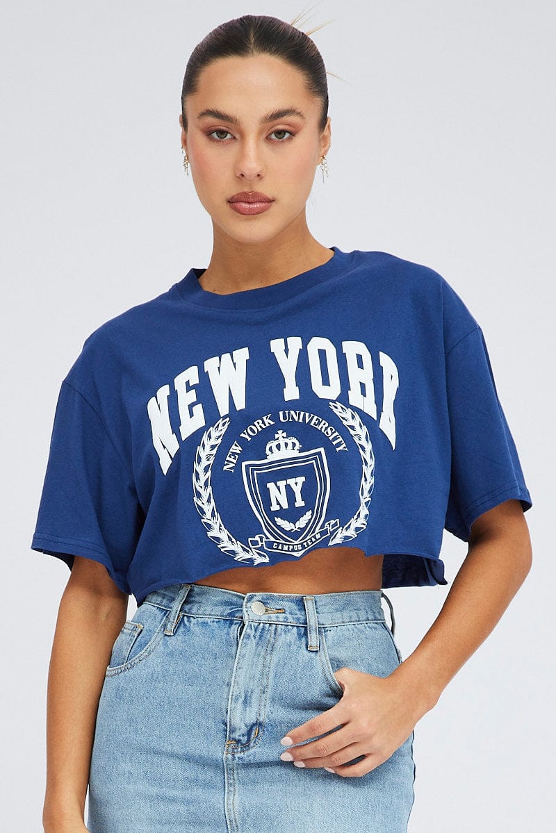 Blue Crop T Shirt Short Sleeve Crew Neck New York for Ally Fashion