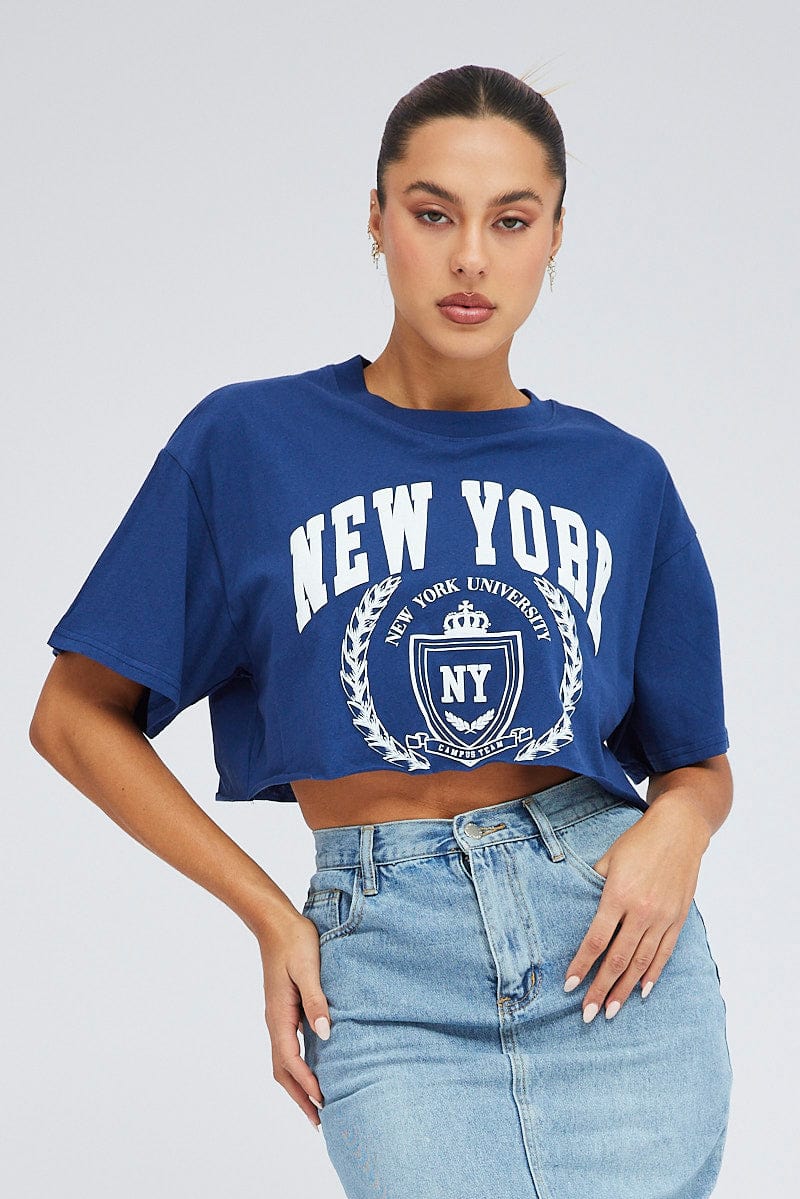 Blue Crop T Shirt Short Sleeve Crew Neck New York for Ally Fashion