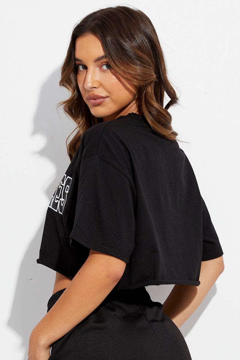 Black Los Angeles Crop Tee Short Sleeve Crew Neck for Ally Fashion