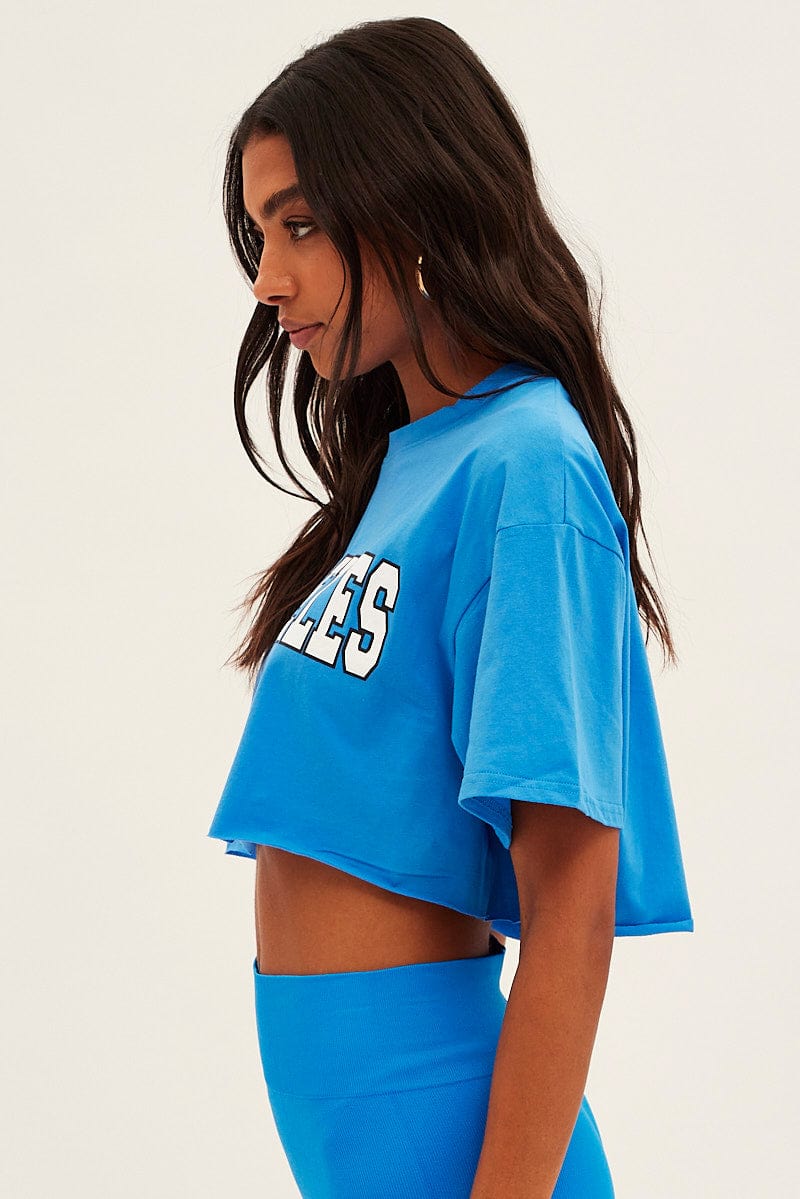 Blue Los Angeles Crop Tee Short Sleeve Crew Neck for Ally Fashion
