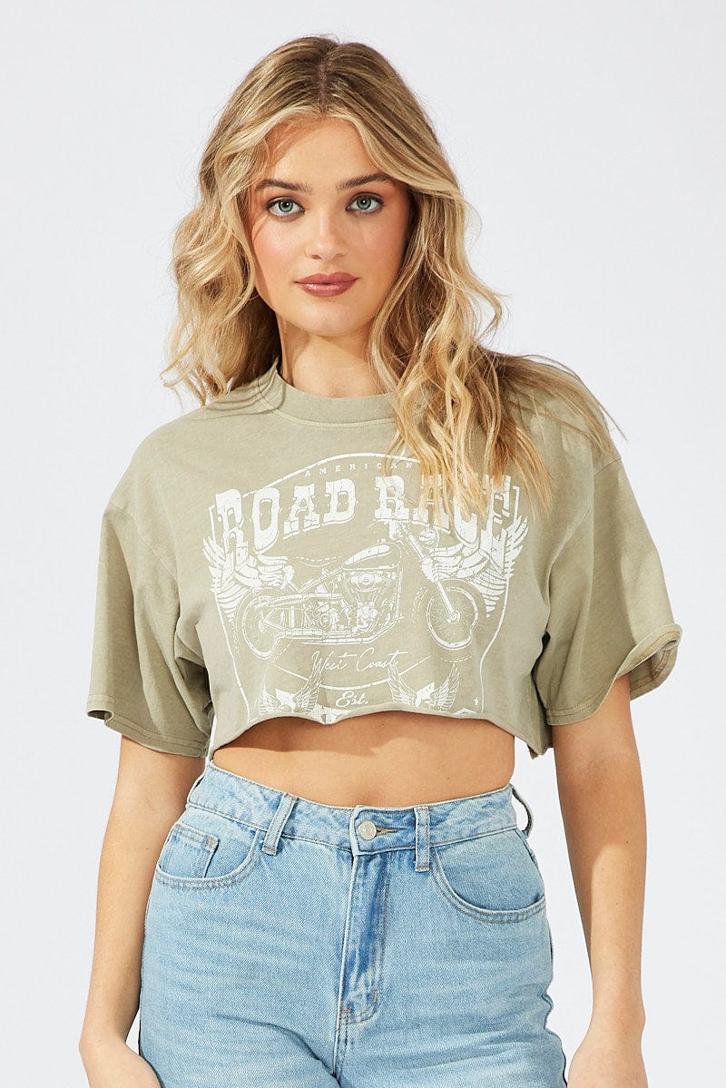 Green Graphic Tee Short Sleeve Crop Round Neck for Ally Fashion