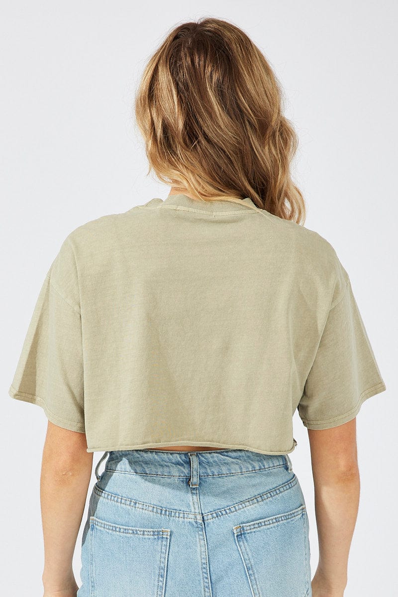 Green Graphic Tee Short Sleeve Crop Round Neck for Ally Fashion