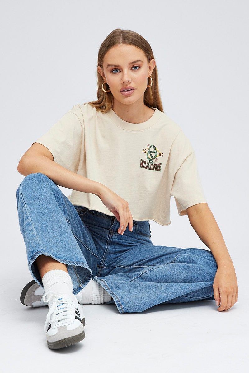 Beige Graphic Tee Short Sleeve Crop Crew Neck for Ally Fashion