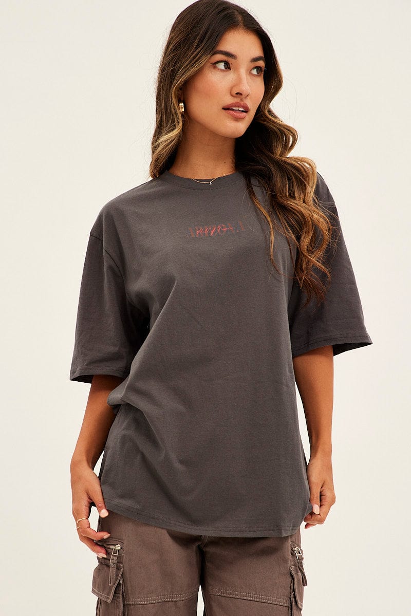 Grey Graphic T-Shirt Short Sleeve Crew Neck Oversized | Ally Fashion