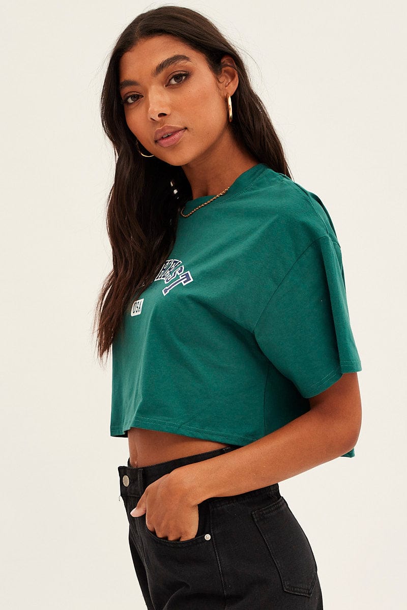 Green Crop T-Shirt Crew Neck Short Sleeve for Ally Fashion