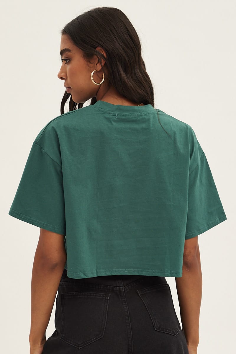 Green Crop T-Shirt Crew Neck Short Sleeve for Ally Fashion