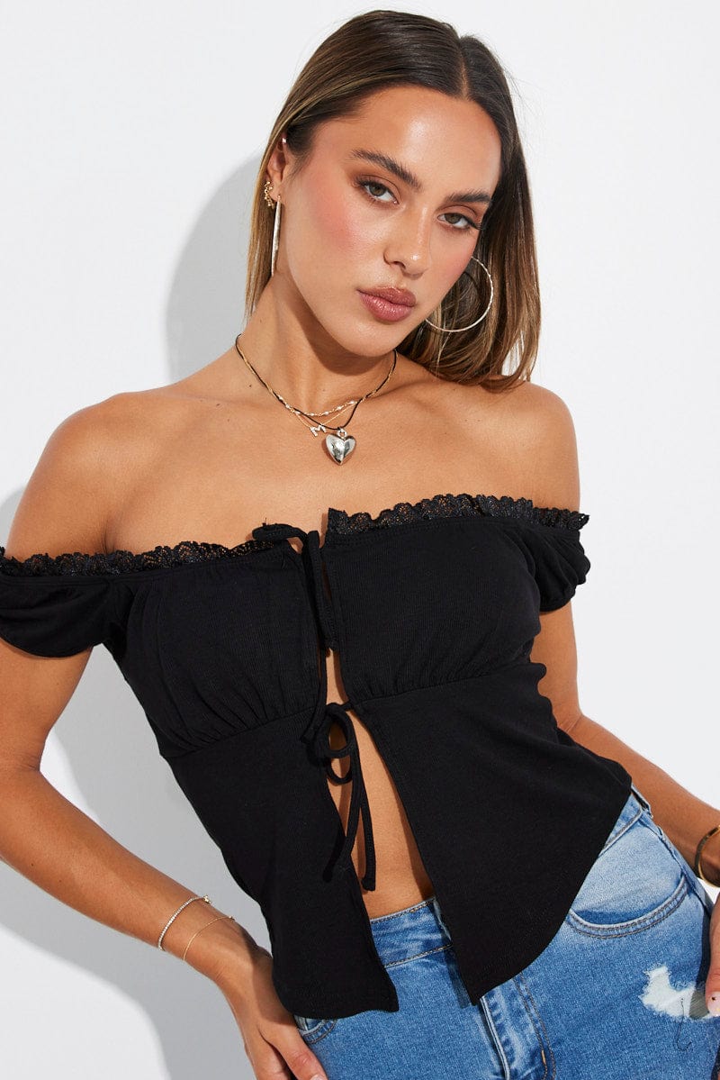 Black Front Tie Top Short Sleeve Rib for Ally Fashion