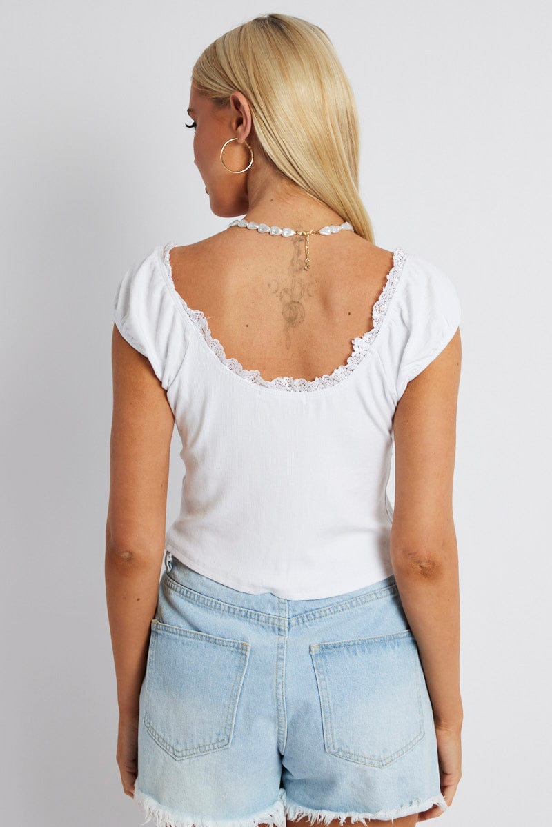 White Front Tie Top Short Sleeve Rib for Ally Fashion