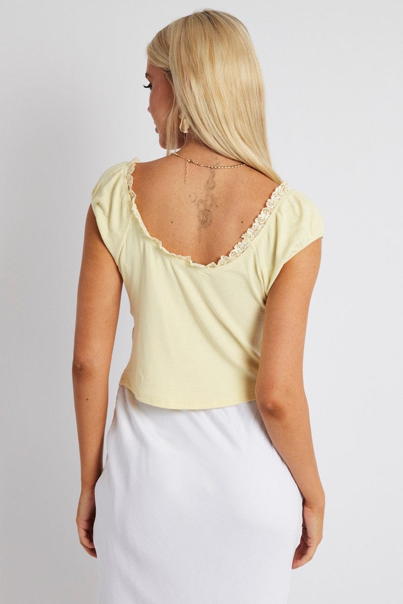Yellow Front Tie Top Short Sleeve Rib for Ally Fashion