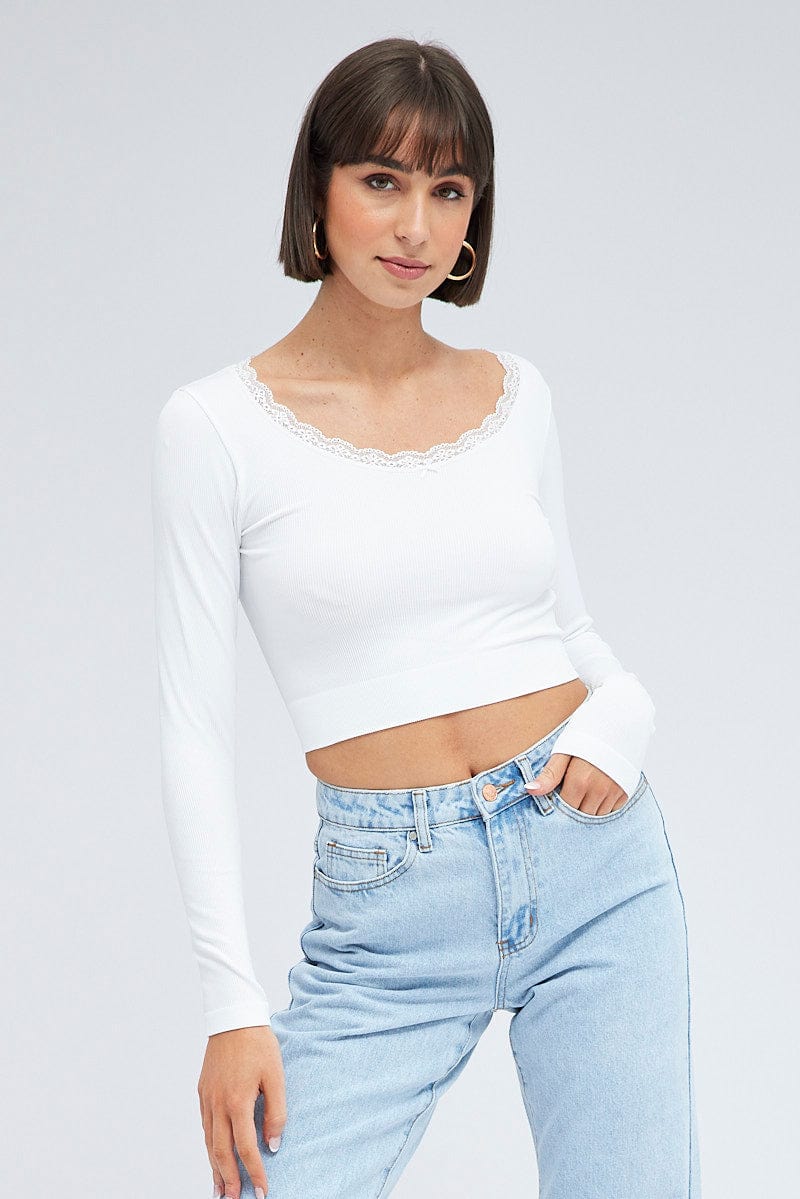 White Top Long Sleeve Round Neck Seamless for Ally Fashion