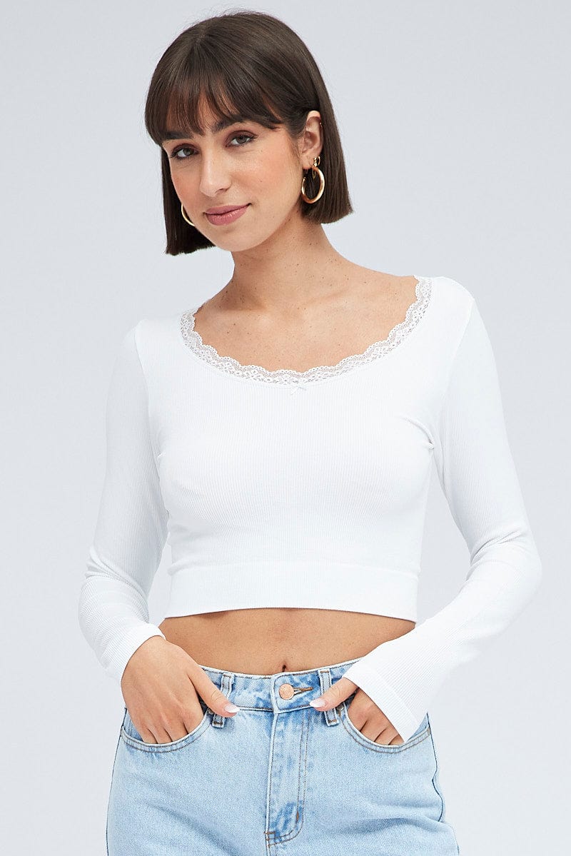 White Top Long Sleeve Round Neck Seamless for Ally Fashion