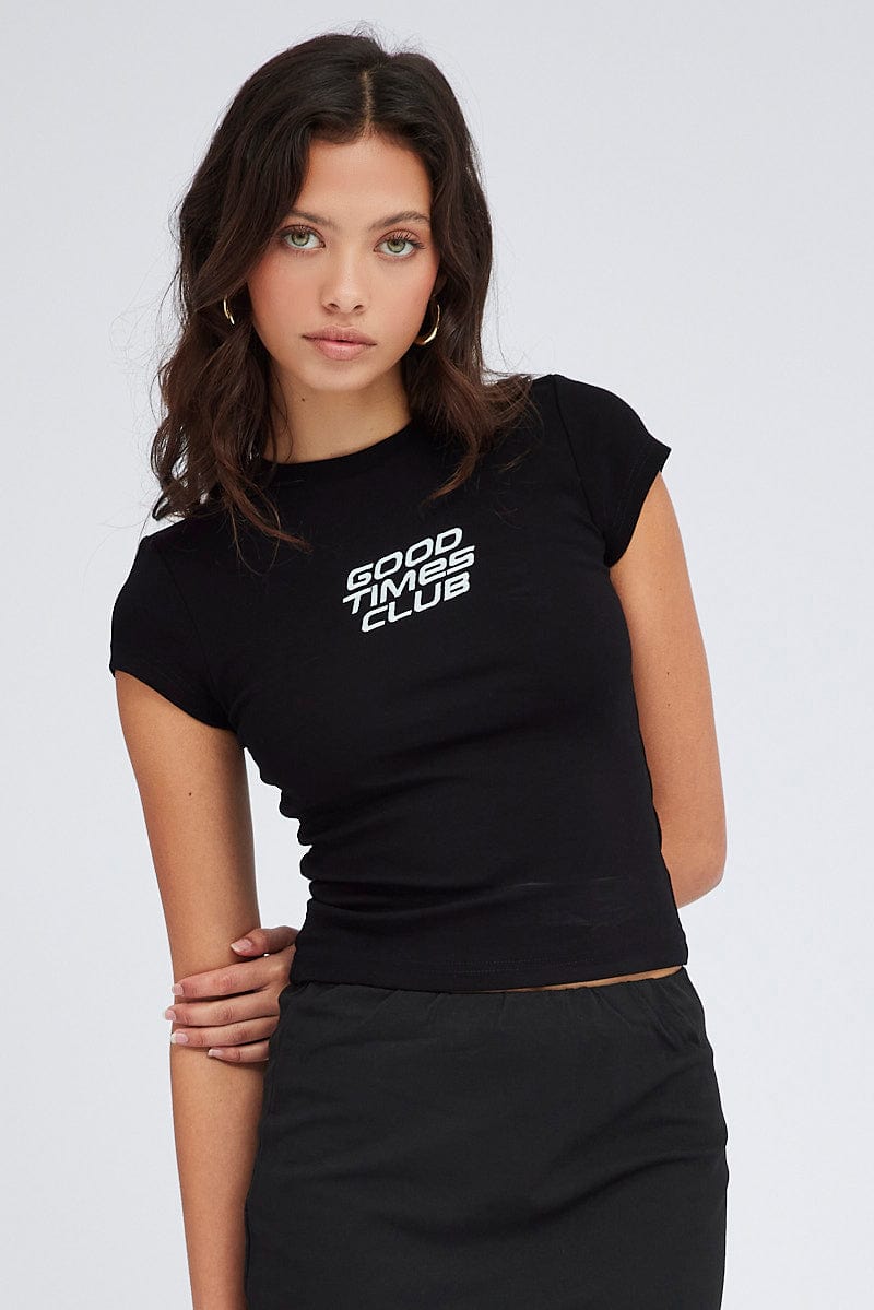 Black Graphic Tee Short sleeve Long Line for Ally Fashion