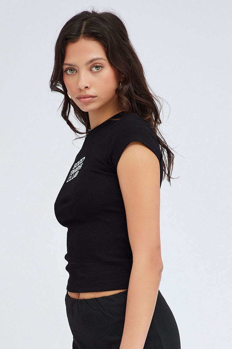 Black Graphic Tee Short sleeve Long Line for Ally Fashion