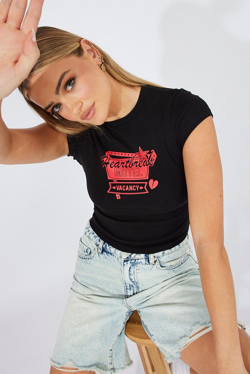 Black Graphic Tee Short Sleeve for Ally Fashion