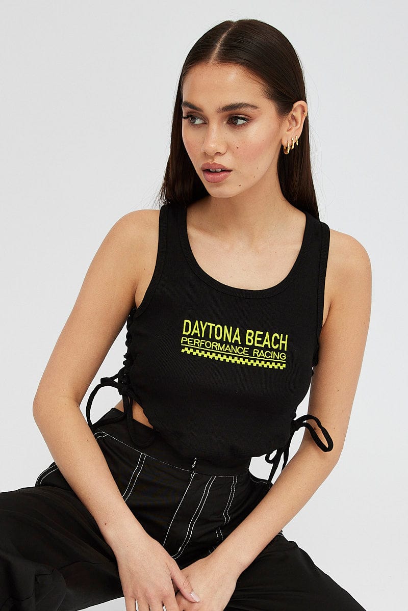 Black Tank Top Side Ties Daytona Beach Embroidery Rib for Ally Fashion
