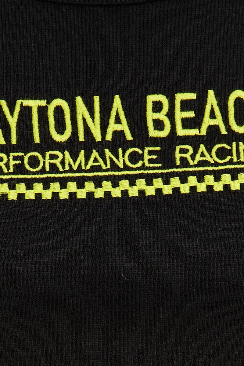 Black Tank Top Side Ties Daytona Beach Embroidery Rib for Ally Fashion