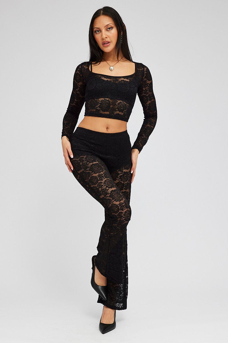 Black Top Long Sleeve Crop Round Neck Lace for Ally Fashion