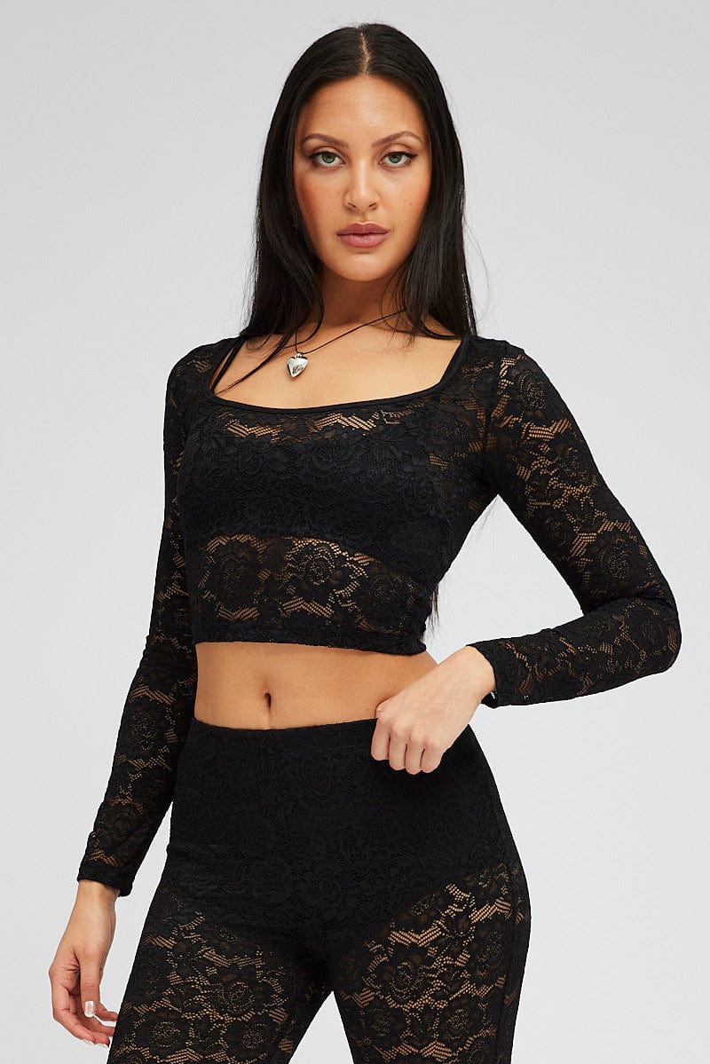 Black Top Long Sleeve Crop Round Neck Lace for Ally Fashion
