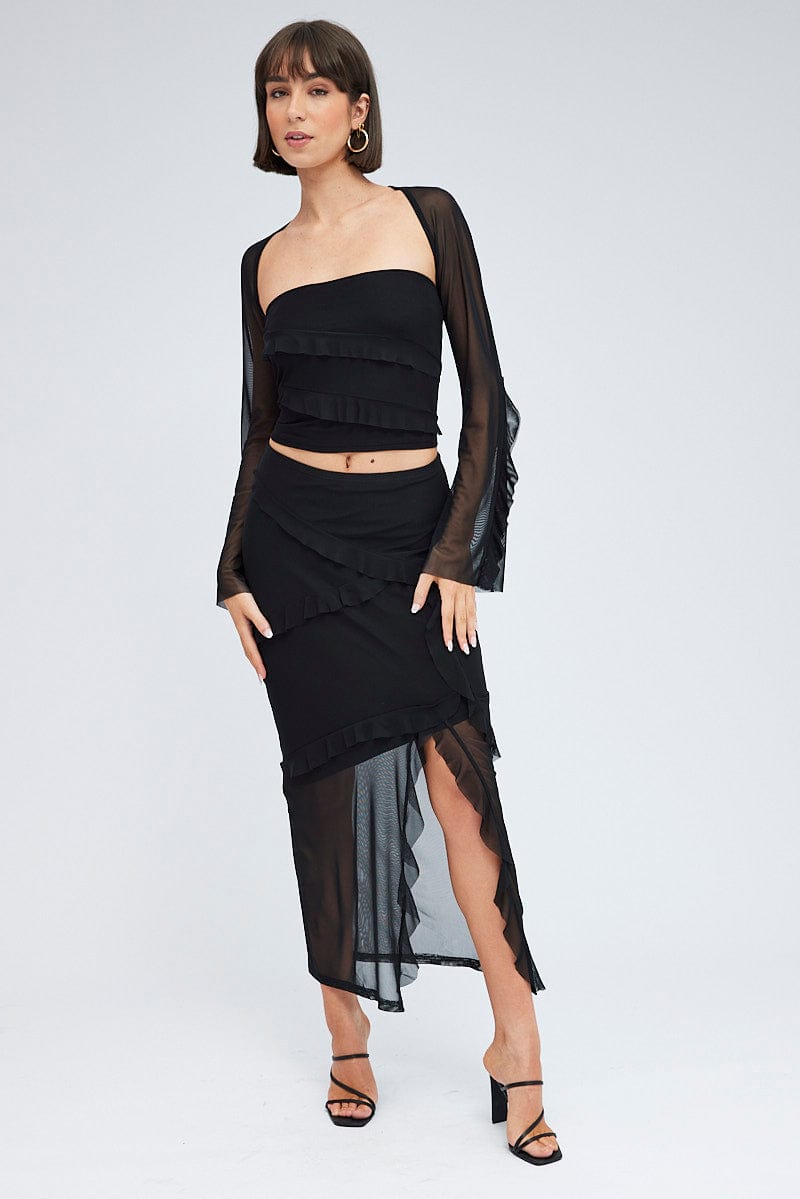 Black Shrug Set Long Sleeve Frills Mesh for Ally Fashion